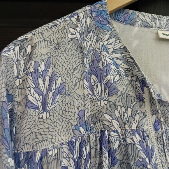 Roller Rabbit Sz. L Cotton Lightweight 3/4 Sleeve Tie Neck Popover Top - Picture 9 of 14